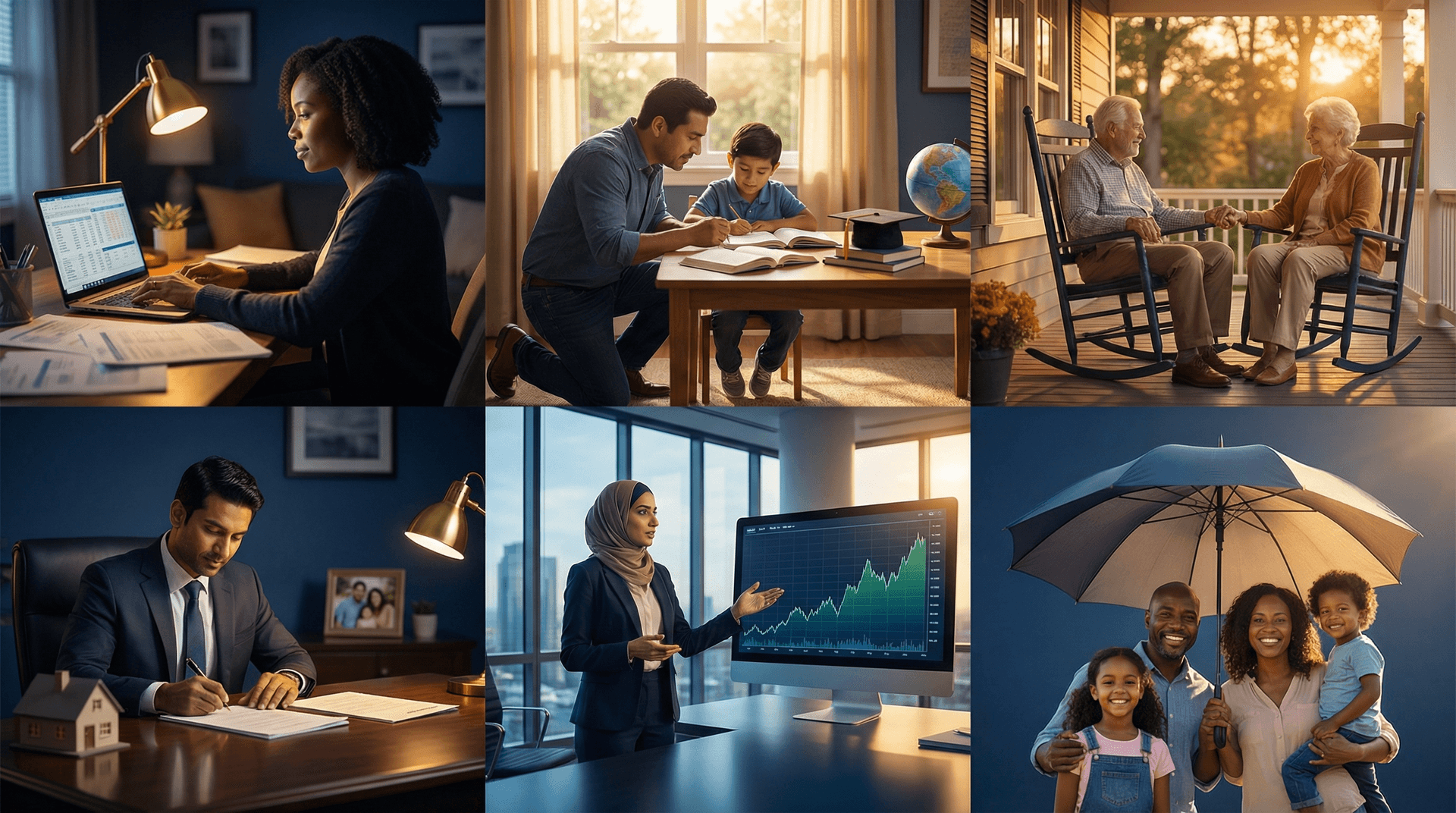 Financial life moments — budgeting, education planning, retirement, home buying, investing, and family protection